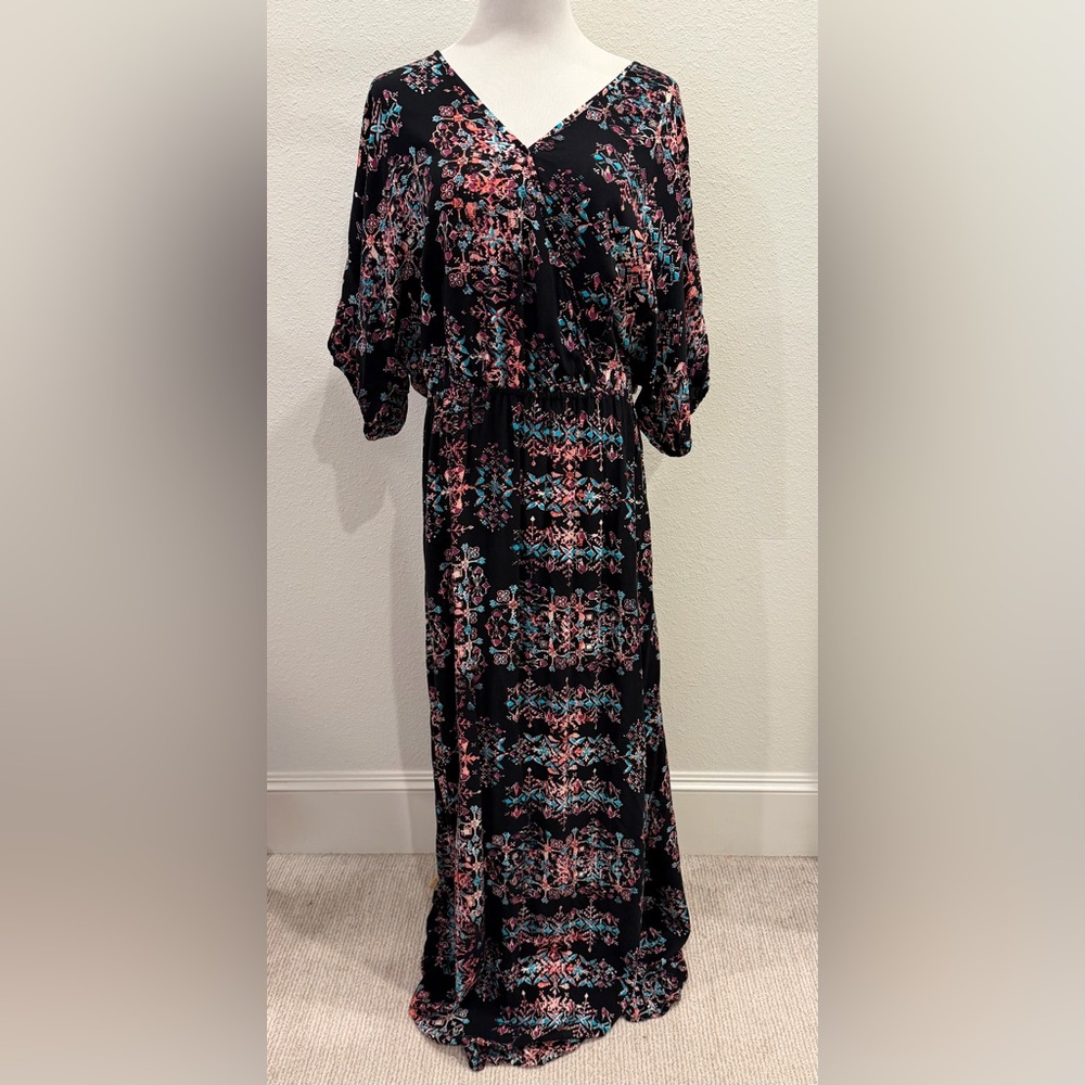 Black/Pink/Blu Maxi 60"  V-Neck Wrap Dress XL Elastic Waist Rayon